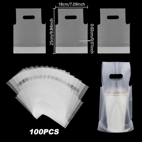 AHANDMAKER 100pcs Clear Drink Containers Bags Plastic Cup Holder 18x25cm Hanging Carry Take Out Beverage Coffee Milk Juice Water for Coffee Shop Restaurant Delivery Bags in Kuwait