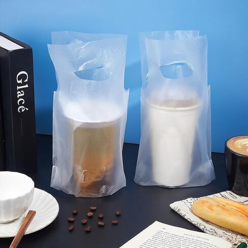 AHANDMAKER 100pcs Clear Drink Containers Bags Plastic Cup Holder 18x25cm Hanging Carry Take Out Beverage Coffee Milk Juice Water for Coffee Shop Restaurant Delivery Bags in Kuwait