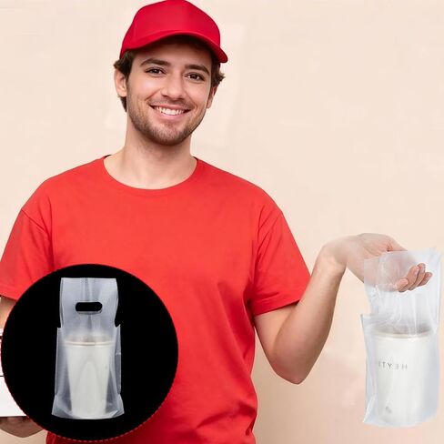 AHANDMAKER 100pcs Clear Drink Containers Bags Plastic Cup Holder 18x25cm Hanging Carry Take Out Beverage Coffee Milk Juice Water for Coffee Shop Restaurant Delivery Bags in Kuwait