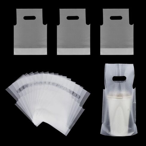 AHANDMAKER 100pcs Clear Drink Containers Bags Plastic Cup Holder 18x25cm Hanging Carry Take Out Beverage Coffee Milk Juice Water for Coffee Shop Restaurant Delivery Bags in Kuwait