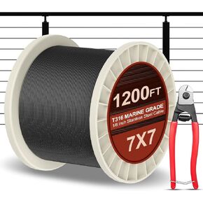 BLIKA 1200FT 1/8" كابل أسود من الفولاذ المقاوم للصدأ مع قاطع، T316 درجة بحرية، حبل سلك من الفولاذ المقاوم للصدأ 7x7 هيكل حبلا، 1850 رطل من كابل الطائرات بقوة كسر لسطح السفينة in Kuwait