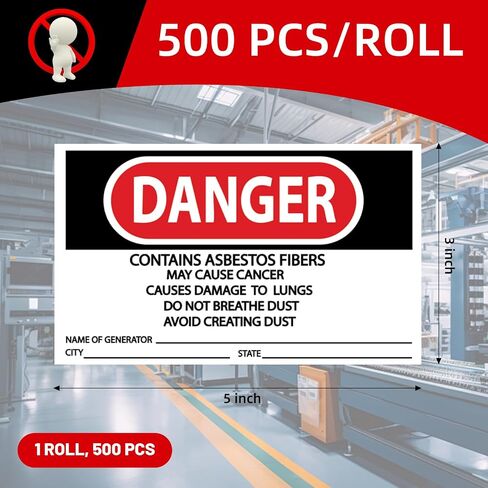 500 PCS Danger Contains Asbestos FIBERS - May Cause Cancer. etc Hazard Warning Labels - 5 x 3 Inch Waterproof Asbestos Generator Stickers, Red/Black On White in Kuwait