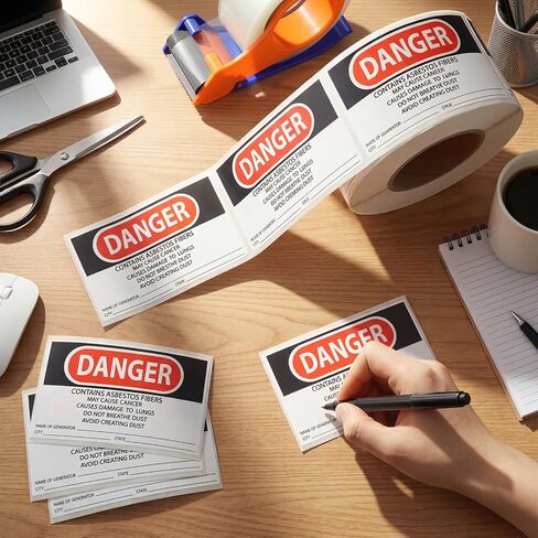 500 PCS Danger Contains Asbestos FIBERS - May Cause Cancer. etc Hazard Warning Labels - 5 x 3 Inch Waterproof Asbestos Generator Stickers, Red/Black On White in Kuwait