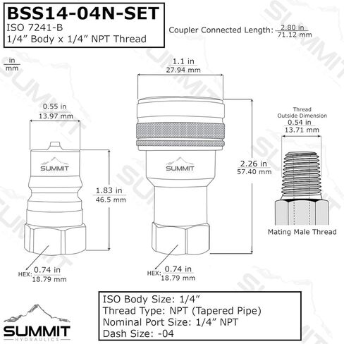1/4 ″ NPT ISO 7241-B قارنة توصيل أنثى هيدروليكية من الفولاذ المقاوم للصدأ سريعة القطع in Kuwait