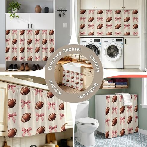 الوردي القوس كرة القدم الستائر مجلس الوزراء 35 "ث × 35" لتر، الغبار بالوعة تنورة الستار للحمام المطبخ، كرات اللعبة الحديثة الرجعية الخيش لاصق تنورة مكتب الخصوصية ستائر قصيرة لمكتب خزانة الغرور in Kuwait