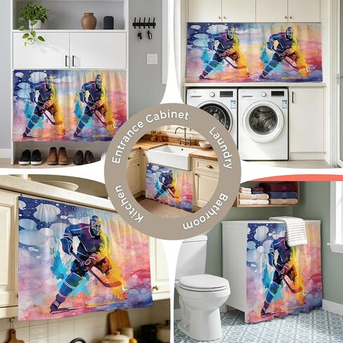 ستائر خزانة لاعبي هوكي الجليد 35 بوصة عرض × 35 بوصة طول، ستارة تنورة بالوعة مقاومة للغبار للحمام المطبخ، ألوان مائية رياضية أومبير تجريدية فنية لاصقة تنورة مكتب الخصوصية ستائر قصيرة لخزانة الغرور in Kuwait