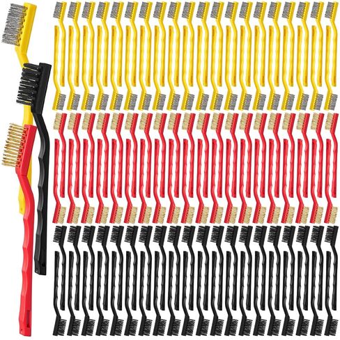 Reallnaive 150 Pcs Mini Wire Brush Set 7 Inch Stainless Steel Nylon Brass Brush Set with Reliable Curved Handle Detail Cleaning Scratch Brushes for Cleaning Metal Welding Slag Rust Paint in Kuwait