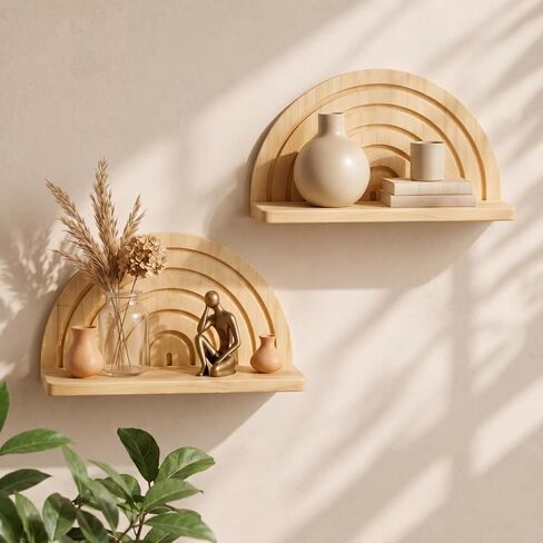 2 Pcs Boho Wooden Arched Wall Shelf Mid Century Modern Shelf Wooden Hanging Plant Wall Display Shelves Floating Half Round Rainbow Shelves for Bedroom Bathroom Hallway Balcony Bookstore Decoration in Saudi Arabia