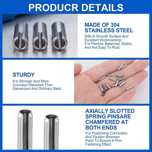 50pcs Slotted Spring Pin, 5/64 x 5/16 inch 304 Stainless Steel Split Roll Pins, Slotted Spring Dowels for for Automotive Machine Repair Doors Bearings - Silver in Kuwait