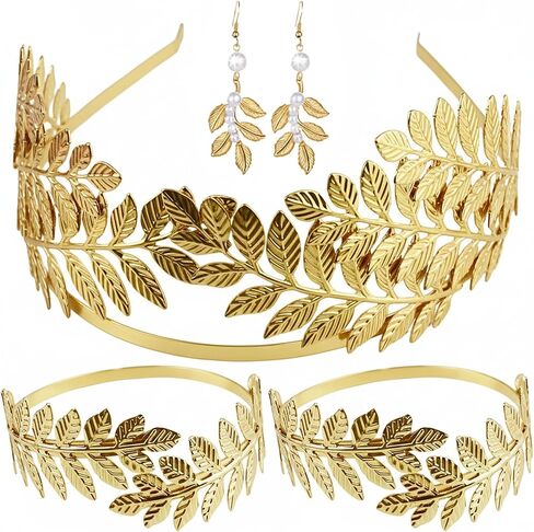 5 Pcs Greek Roman Goddess Jewelry Set, Gold Laurel Leaf Headpiece, Leaf Arm Cuff, Coil Bracelet, Leaf Dangle Earrings for Bridal Wedding, Halloween Festival, Toga Party Cosplay in Saudi Arabia