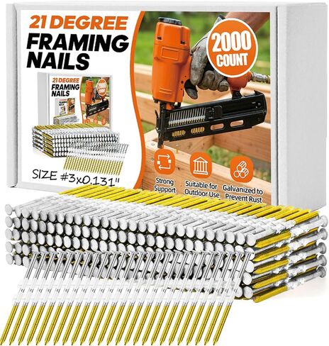 2000 Count 21 Degree Framing Nails, 3" x 0.131" Ring Shank Nails, Plastic Collated Framing Nails, Hot Dipped Galvanized, Round Head Framing Nails Compatible with Most 21 Degree Nail Guns in Kuwait