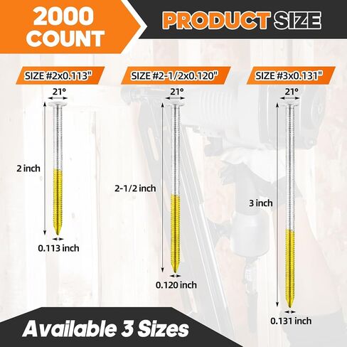 2000 Count 21 Degree Framing Nails, 3" x 0.131" Ring Shank Nails, Plastic Collated Framing Nails, Hot Dipped Galvanized, Round Head Framing Nails Compatible with Most 21 Degree Nail Guns in Kuwait