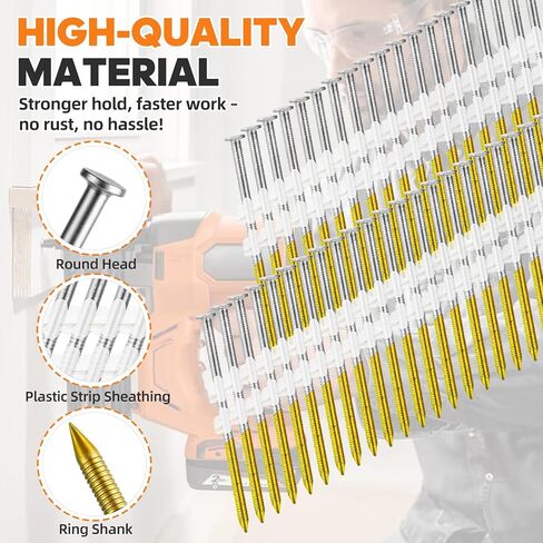 2000 Count 21 Degree Framing Nails, 3" x 0.131" Ring Shank Nails, Plastic Collated Framing Nails, Hot Dipped Galvanized, Round Head Framing Nails Compatible with Most 21 Degree Nail Guns in Kuwait
