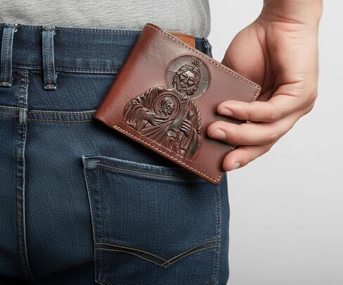 Minimalist Leather Wallet for Men – Saint Jude Embossed Bifold – Slim Western Religious Wallet in Saudi Arabia
