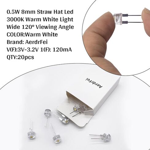 20 حزمة 0.5 واط 8 مم صمام ثنائي LED أبيض دافئ، 3 فولت 120 مللي أمبير قبعة من القش عدسة شفافة، مكونات إلكترونية عالية السطوع مؤشر ينبعث منها أضواء DIY in Kuwait