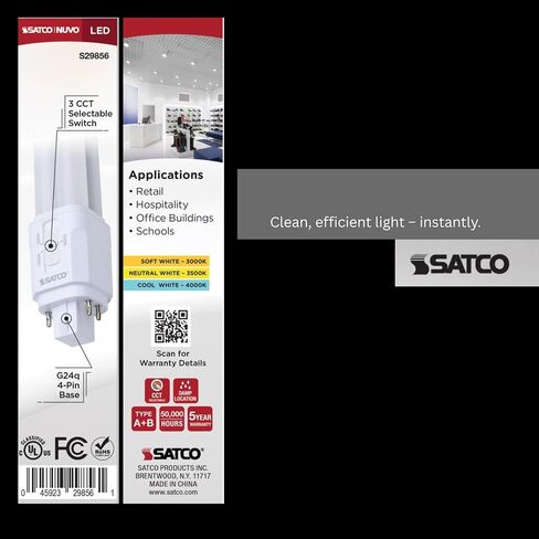 مصباح Satco LED PL 9.5 واط 18 واط/26 واط/32 واط يعادل 3000 كيلو/3500 كيلو/4000 كيلو CCT قابل للتحديد G24q 4-Pin Base Type A الصابورة المعتمدة على عكس الضوء 120-277 فولت الجزء S29856 (6 عبوات) in Kuwait
