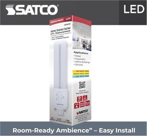 مصباح Satco LED PL 9.5 واط 18 واط/26 واط/32 واط يعادل 3000 كيلو/3500 كيلو/4000 كيلو CCT قابل للتحديد G24q 4-Pin Base Type A الصابورة المعتمدة على عكس الضوء 120-277 فولت الجزء S29856 (6 عبوات) in Kuwait