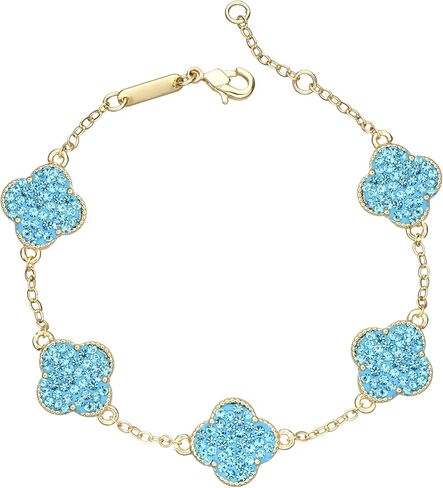 14k Gold Plated Sparkling Light Blue Cubic Zirconia Clover Bracelet for Women, Dainty Four Leaf Clover Sparkling Light Blue Bracelet, Adjustable Size, Trendy Jewelry Gifts For Her in Saudi Arabia