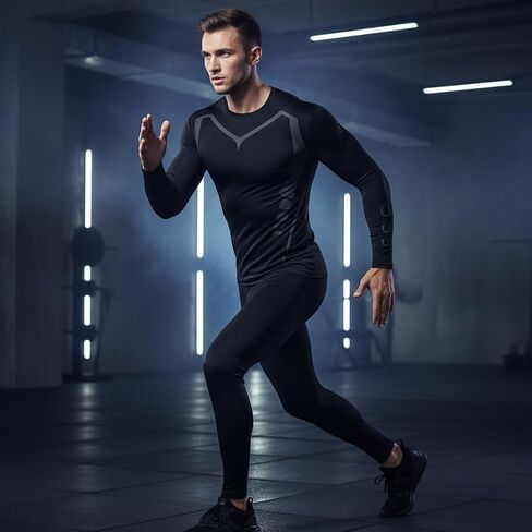Men's Compression Base Layer 2-Piece Set - Long-Sleeve Shirt & Leggings for Fitness -L in Kuwait