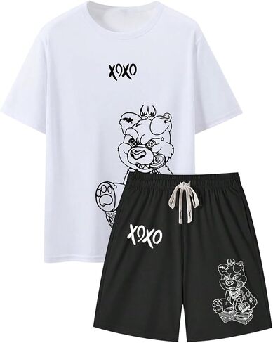 VIPWOLF Men's 2 Piece Outfits Graphic Tee Short Sleeve and Drawstring Vintage Shorts Set Y2k Streetwear Summer Clothing in Kuwait