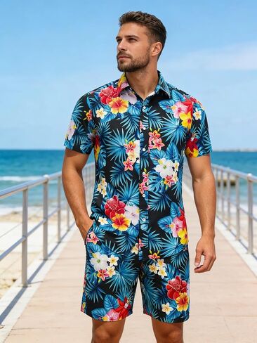 Men's Hawaiian Set, Black Floral & Blue Leaf Outfits Tropical Print Shirts and Shorts, 2 Piece Summer Beach Sets in Kuwait
