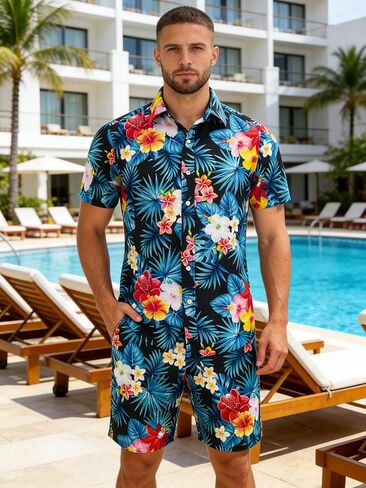 Men's Hawaiian Set, Black Floral & Blue Leaf Outfits Tropical Print Shirts and Shorts, 2 Piece Summer Beach Sets in Kuwait