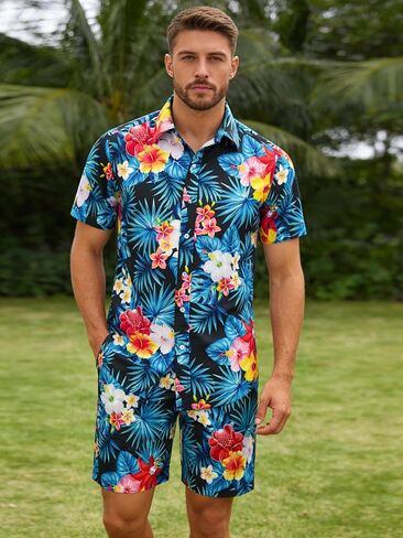 Men's Hawaiian Set, Black Floral & Blue Leaf Outfits Tropical Print Shirts and Shorts, 2 Piece Summer Beach Sets in Kuwait