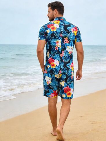 Men's Hawaiian Set, Black Floral & Blue Leaf Outfits Tropical Print Shirts and Shorts, 2 Piece Summer Beach Sets in Kuwait