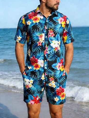 Men's Hawaiian Set, Black Floral & Blue Leaf Outfits Tropical Print Shirts and Shorts, 2 Piece Summer Beach Sets in Kuwait