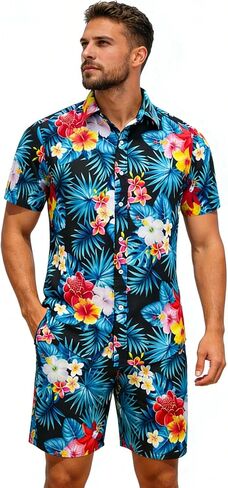 Men's Hawaiian Set, Black Floral & Blue Leaf Outfits Tropical Print Shirts and Shorts, 2 Piece Summer Beach Sets in Kuwait