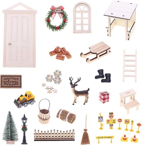 42Pcs Christmas Fairy Door Decorations, Mini Wooden Enchanted Doors, DIY Dollhouse Accessories for Decoration, Tiny Outdoor Decor for Girl Kids Xmas Accessories Fairy Tale in Saudi Arabia
