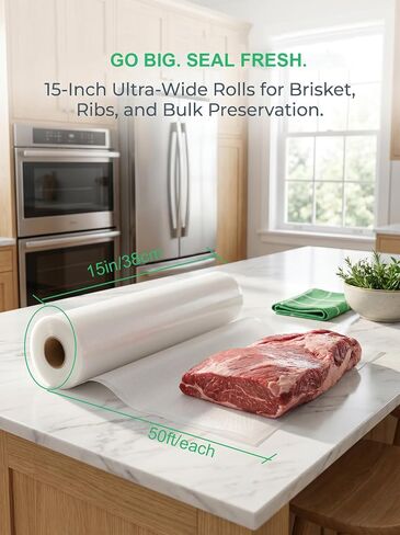 15 Inch Vacuum Sealer Bags, 2 Rolls 15" x 50' Extra Wide Commercial Grade Vacuum Seal bags for Food Storage, Heavy Duty BPA Free Puncture Resistant for Brisket, Sous Vide & Meal Prep in Kuwait