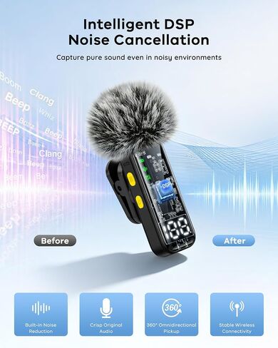 4 قطع من ميكروفونات Lavalier اللاسلكية الصغيرة لأجهزة iPhone وAndroid iPad | تقليل الضوضاء وشاشة LED رقمية، ميكروفون صغير مغناطيسي لتسجيل الفيديو ومدونات الفيديو على YouTube ومقابلة بودكاست in Kuwait