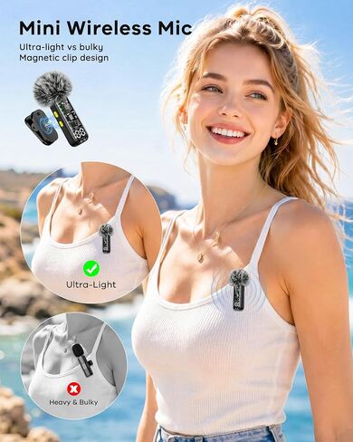4 قطع من ميكروفونات Lavalier اللاسلكية الصغيرة لأجهزة iPhone وAndroid iPad | تقليل الضوضاء وشاشة LED رقمية، ميكروفون صغير مغناطيسي لتسجيل الفيديو ومدونات الفيديو على YouTube ومقابلة بودكاست in Kuwait