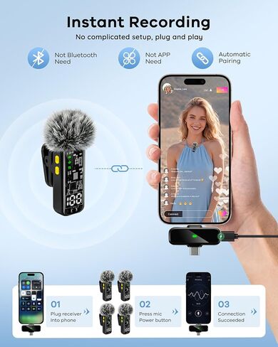 4 قطع من ميكروفونات Lavalier اللاسلكية الصغيرة لأجهزة iPhone وAndroid iPad | تقليل الضوضاء وشاشة LED رقمية، ميكروفون صغير مغناطيسي لتسجيل الفيديو ومدونات الفيديو على YouTube ومقابلة بودكاست in Kuwait