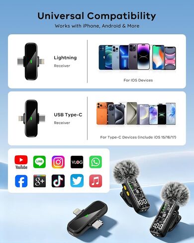 4 قطع من ميكروفونات Lavalier اللاسلكية الصغيرة لأجهزة iPhone وAndroid iPad | تقليل الضوضاء وشاشة LED رقمية، ميكروفون صغير مغناطيسي لتسجيل الفيديو ومدونات الفيديو على YouTube ومقابلة بودكاست in Kuwait