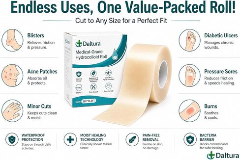 Hydrocolloid Bandages Roll for Wound Care – Medical Grade 2" x 16ft, Cut-to-Size Waterproof Patch for Acne, Pimples, Blisters, Burns & Pressure Sores, Self Adhesive, First Aid Kit Essential in Kuwait