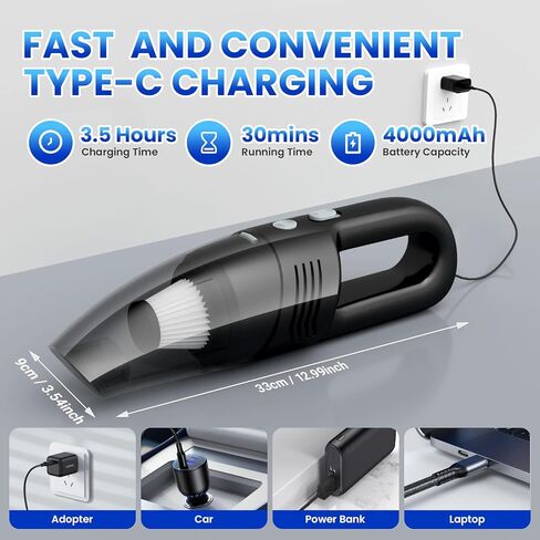Handheld Vacuum Cordless Car Vacuum Cleaner 11000PA High Power Portable 1.4lbs Lightweight Rechargeable with 2 Filter Multi-Nozzles for Home Office Dust in Kuwait