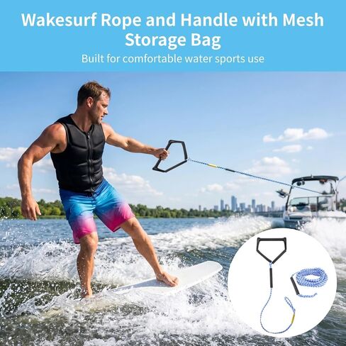 حبل Varku Wakesurf ومقبض مع حقيبة تخزين شبكية، حبل عائم لركوب الأمواج بطول 75 قدمًا مع مقبض EVA، قسمين مضفرين بسعة 2200 رطل من حبال سحب الأمواج للتزلج على الماء والتزلج على الماء وأنبوب عائم in Kuwait
