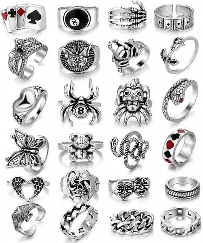 KISS WIFE Cool Rings Set for Women, Vintage Silver Punk Rings Bulk, Gothic Chunky Knuckle Emo Stackable Finger Ring Pack Western Jewelry Gift for Her in Saudi Arabia