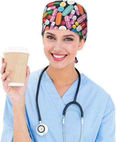 Working Cap with Sweatband Adjustable Cleaning Work Hat Scrub Cap for Women Men Tie Back Hat Nurse Surgical Caps (Tablet Pill, One Size) in Kuwait
