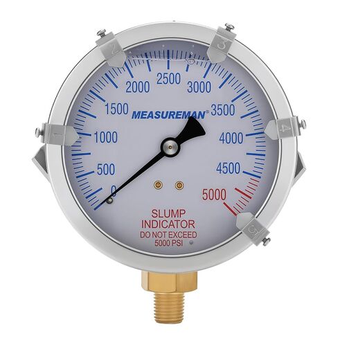 مقياس مؤشر تراجع مضخة الخرسانة من MEASUREMAN، قرص 4 بوصة، 0-5000 رطل لكل بوصة مربعة مع 5 مؤشرات هدف قابلة للتعديل، مملوءة بالجليسرين، علبة من الفولاذ المقاوم للصدأ 304، حامل سفلي 1/4 NPT in Kuwait