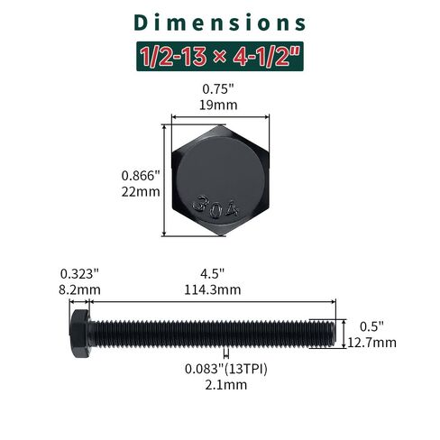 1/2-13 x 4-1/2" Hex Bolts with Nuts and Washers (4 Sets), 18-8 (304) Stainless Steel, External Hex Drive, Black Oxide Coated Hexagon Head Bolts Screws, Fayeploo in Kuwait