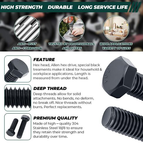 1/2-13 x 4-1/2" Hex Bolts with Nuts and Washers (4 Sets), 18-8 (304) Stainless Steel, External Hex Drive, Black Oxide Coated Hexagon Head Bolts Screws, Fayeploo in Kuwait