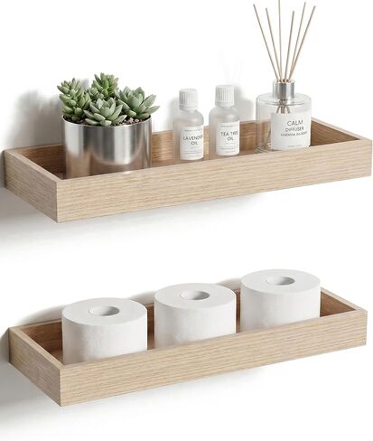 Oak Floating Shelves with Raised Lip, Wooden Wall Shelves for Bedroom Living Room Kitchen, Modern Bathroom Shelves for Wall, Decor Floating Shelves for Storage Display (Set of 2, 15.7 Inch) in Saudi Arabia