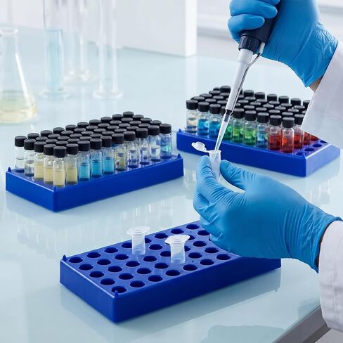 Lawei 6 Pack Vial Rack for 2ml HPLC Sample Bottles, 50 Holes with 13mm Diameter, Stackable Test Tube Holder, Durable Polypropylene Tube Rack, Centrifuge & Lab Bottle Holder with Numbered Grid, Blue in Kuwait