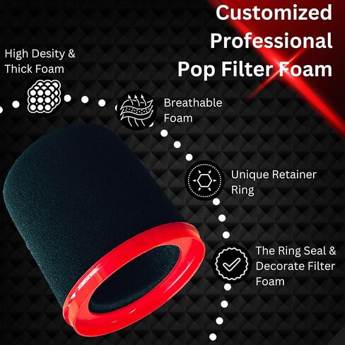 Black Pop Filter Compatible with Shure MV7 MV7X Mic Windscreen Replacement with High Dense Foam and Red Retainer Ring Accent for Gaming Streamer Setup in Saudi Arabia