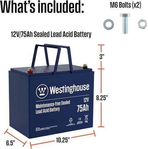 بطارية احتياطية لمضخة مستنقع Westinghouse - بطارية حمض الرصاص المختومة 12 فولت 75 أمبير في الساعة AGM خالية من الصيانة لأنظمة النسخ الاحتياطي لمضخة مستنقع الطابق السفلي in Kuwait