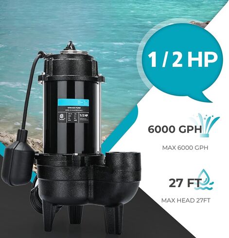 LEO 1/2 HP Sewage/Effluent Pump, 6000 GPH Submersible Basement Sewer Pump with 10ft Auto Float Switch, Cast Iron Sump Ejector, 2'' NPT for Sewage Basin, 115V in Kuwait