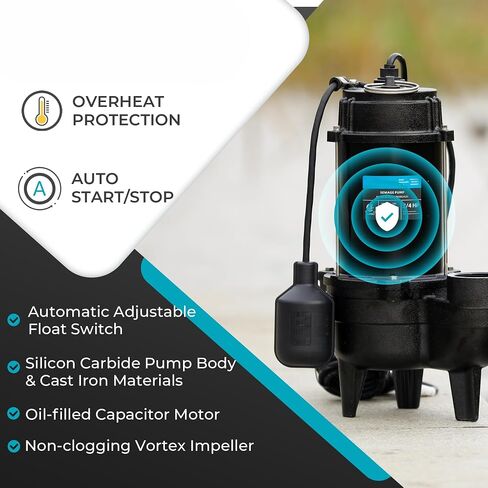 LEO 1/2 HP Sewage/Effluent Pump, 6000 GPH Submersible Basement Sewer Pump with 10ft Auto Float Switch, Cast Iron Sump Ejector, 2'' NPT for Sewage Basin, 115V in Kuwait